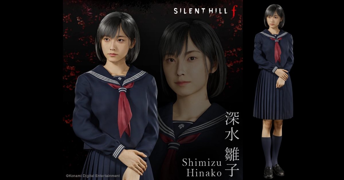 Main character from Silent Hill f standing in a haunting, floral-themed setting inspired by 1960s Japan