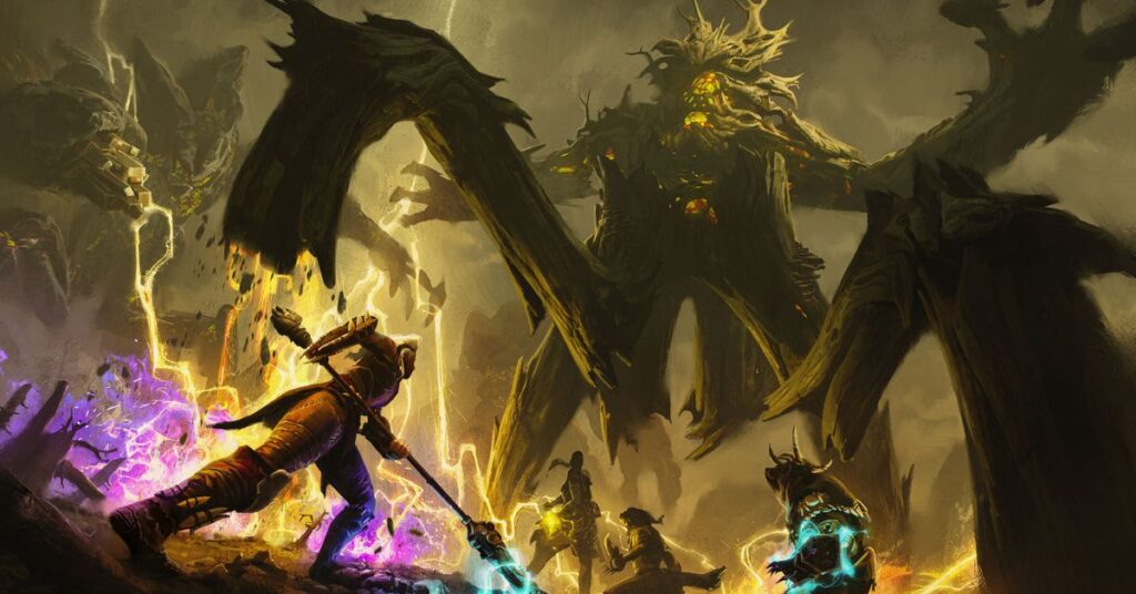 A group of warriors engages in a fierce battle against massive, glowing tree-like monsters in a stormy battlefield, casting powerful magic and wielding weapons in Guild Wars 2.