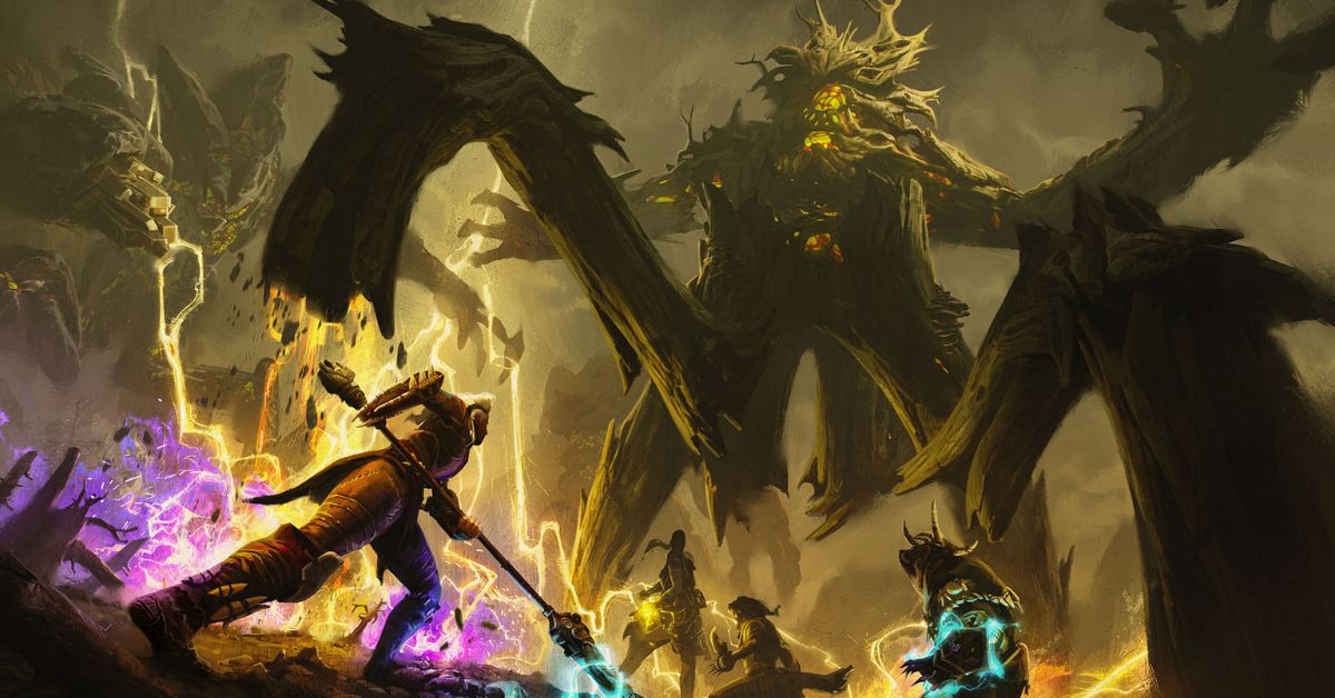 A group of warriors engages in a fierce battle against massive, glowing tree-like monsters in a stormy battlefield, casting powerful magic and wielding weapons in Guild Wars 2.