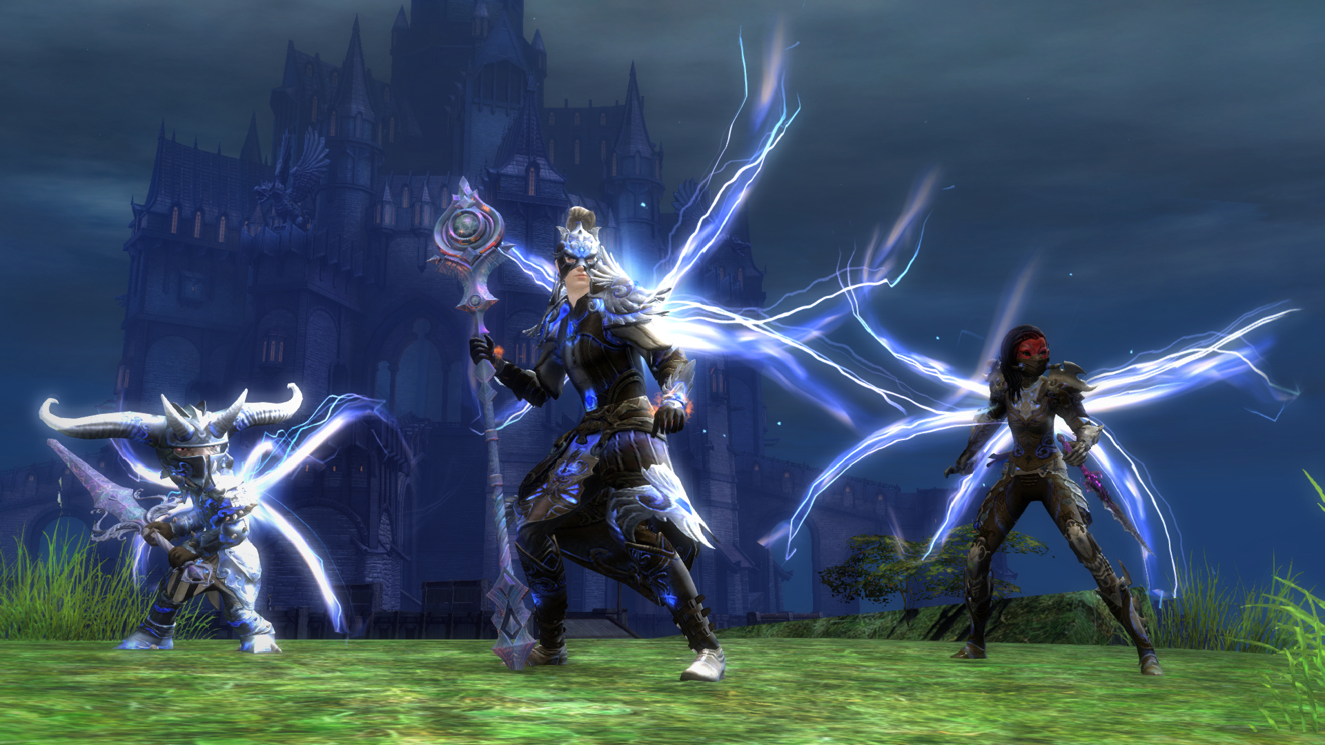 Three fantasy characters from the Guild Wars 2 expansion with glowing wings, posing in front of a dark castle under a stormy sky while showcasing magical powers