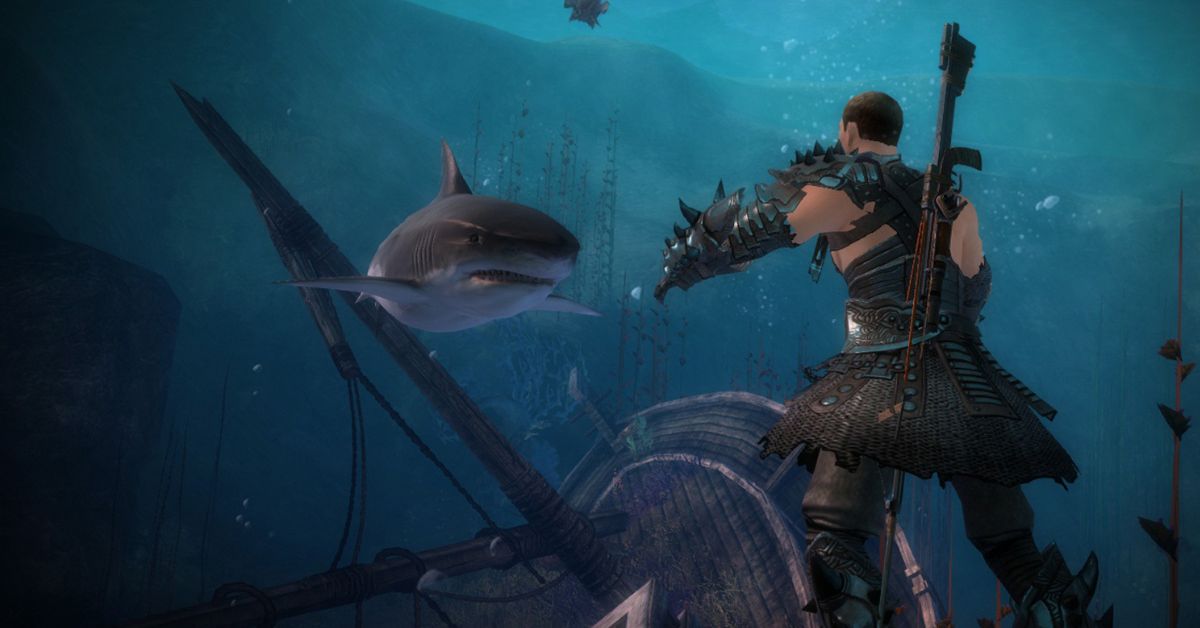 Underwater combat scene from Guild Wars 2 featuring a player character battling aquatic enemies with specialized weapons in a deep-sea environment