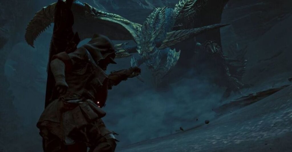 A hunter in dark armor preparing to face a large, menacing dragon-like monster in a dark, rocky battlefield