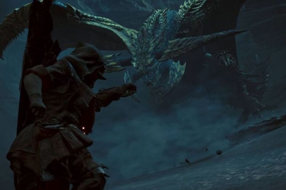 A hunter in dark armor preparing to face a large, menacing dragon-like monster in a dark, rocky battlefield