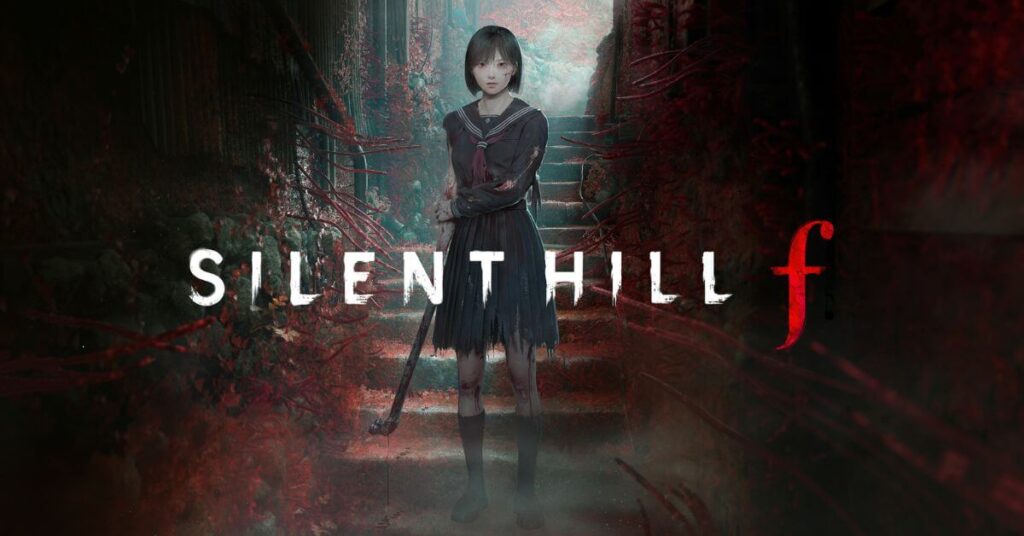 A young girl in a Japanese school uniform stands in a decayed, eerie environment with red, vine-like tendrils surrounding her. The Silent Hill f logo is displayed, evoking a dark and unsettling atmosphere.