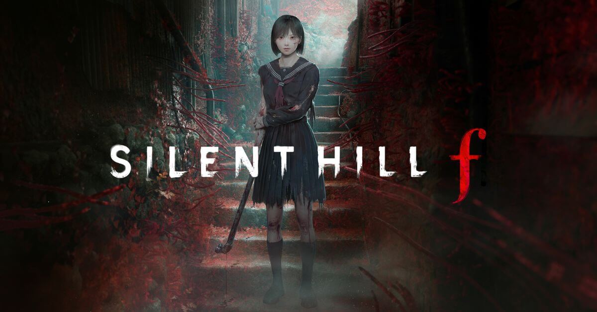 A young girl in a Japanese school uniform stands in a decayed, eerie environment with red, vine-like tendrils surrounding her. The Silent Hill f logo is displayed, evoking a dark and unsettling atmosphere.