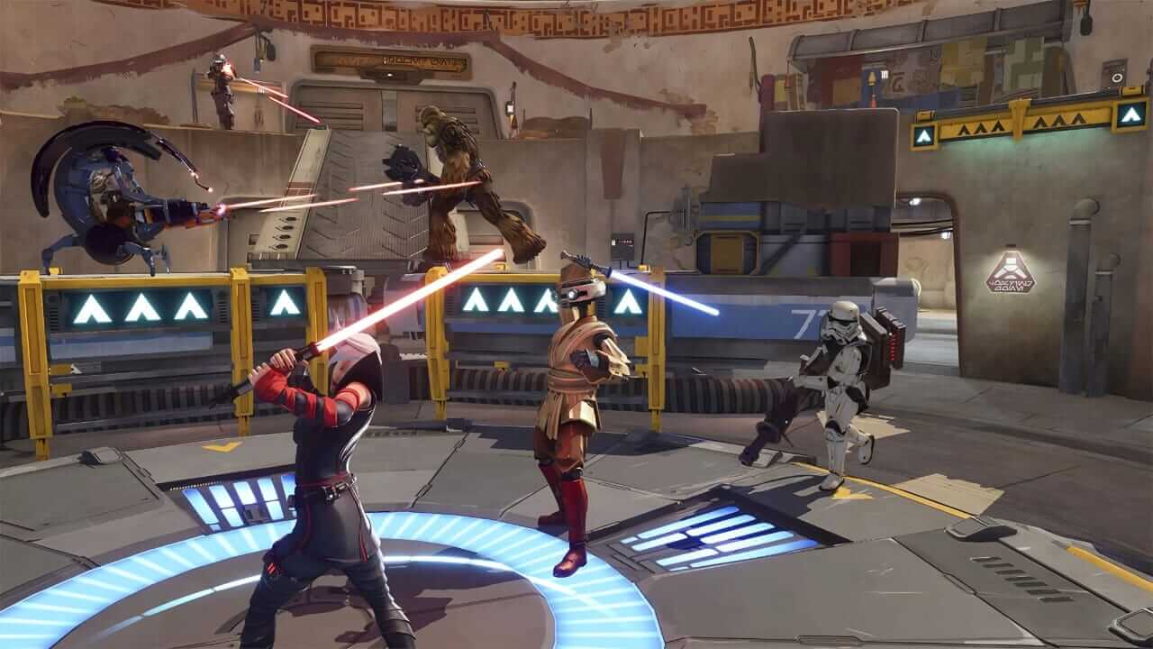 title="Star Wars: Hunters – Intense arena battle with lightsabers and blasters!" "Star Wars: Hunters gameplay battle scene featuring multiple characters engaged in combat with lightsabers and blasters in an arena."