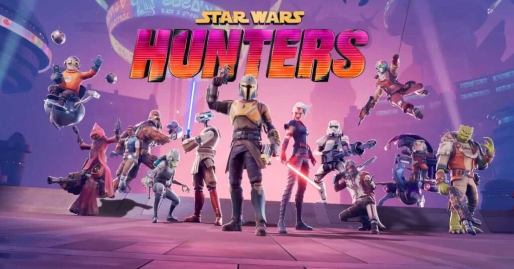 Official key art for Star Wars: Hunters showcasing main characters in dynamic action poses, set in the Star Wars universe