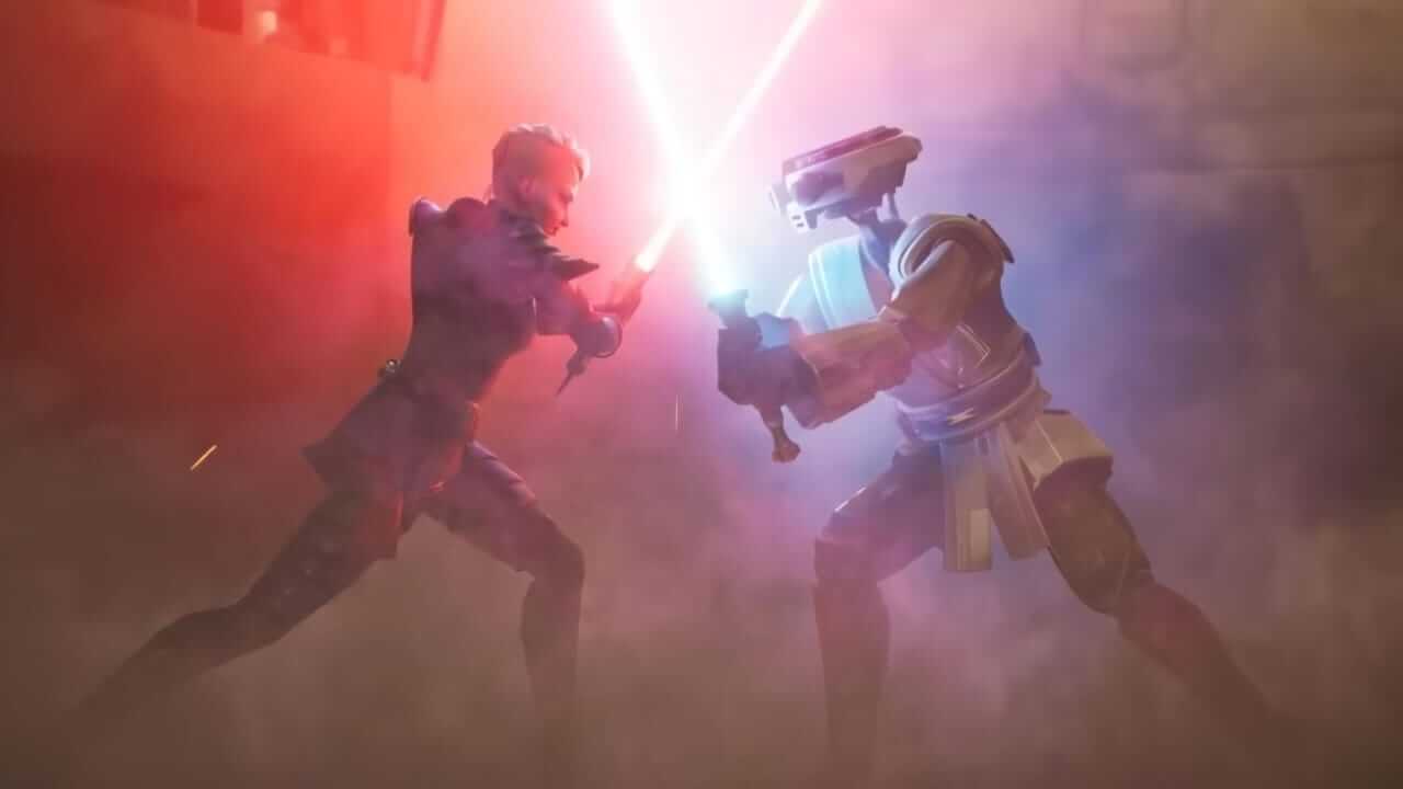 Epic Lightsaber Battle in Star Wars: Hunters A dramatic lightsaber duel between two characters in Star Wars: Hunters, one wielding a red saber and the other a blue saber, surrounded by intense lighting and smoke.