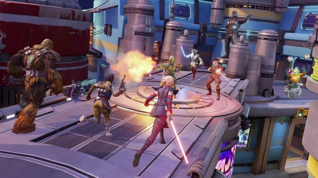 Multiplayer battle in Star Wars: Hunters, featuring intense 4v4 combat with characters from the Star Wars universe