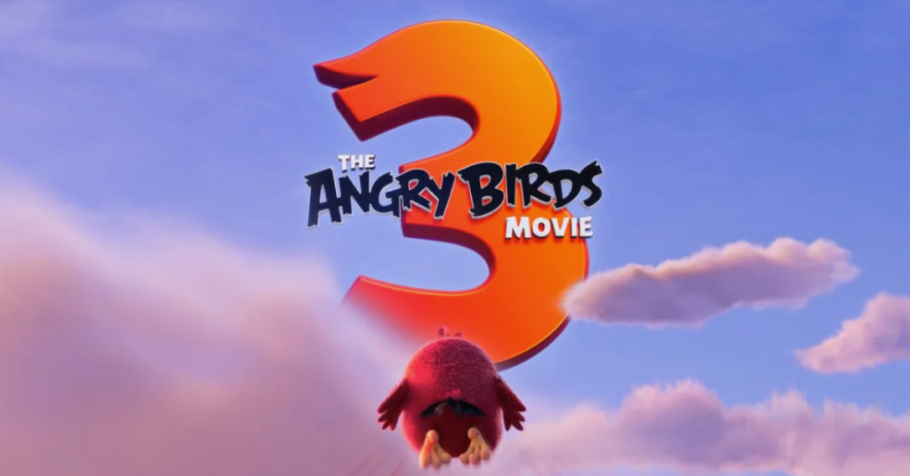 Official Angry Birds Movie 3 poster with release date and main voice cast, featuring vibrant characters and a cinematic background.
