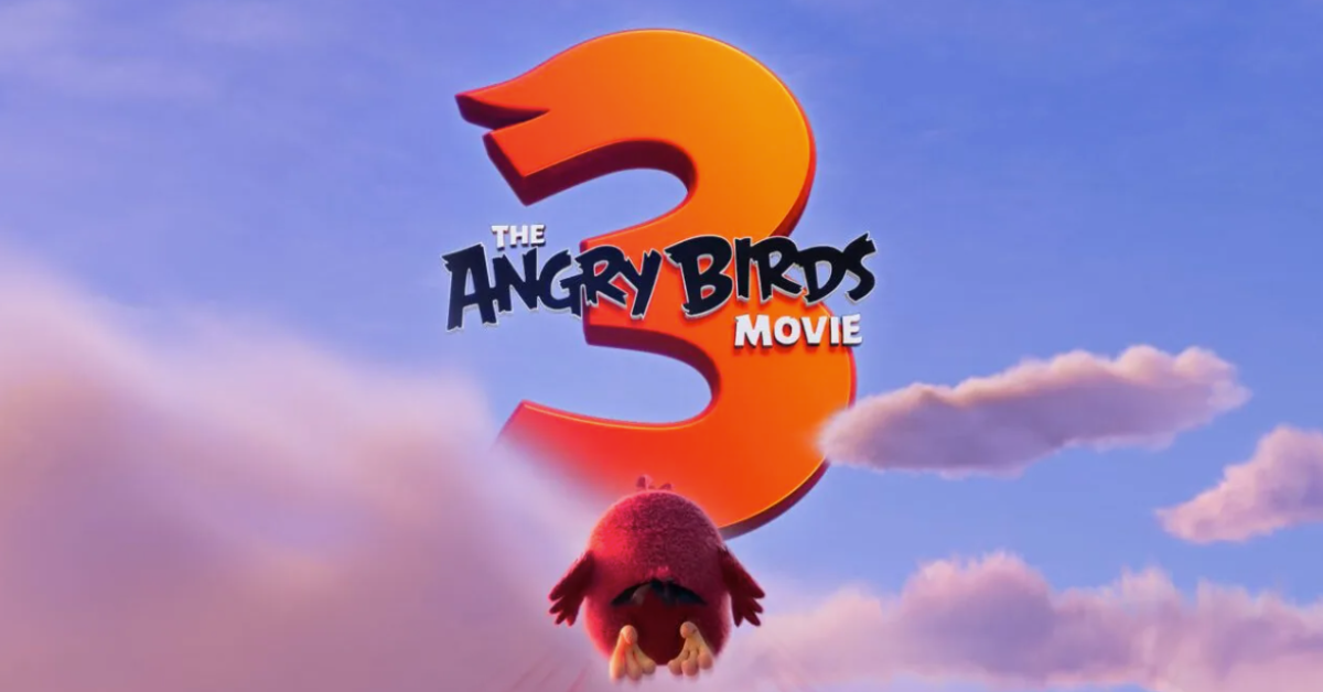 Official Angry Birds Movie 3 poster with release date and main voice cast, featuring vibrant characters and a cinematic background.