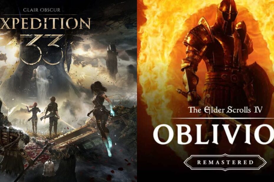 Promotional image mashup showing Clair Obscur Expedition 33 characters staring at an Oblivion Gate, parodying the Barbenheimer meme to highlight the simultaneous release of both RPGs.