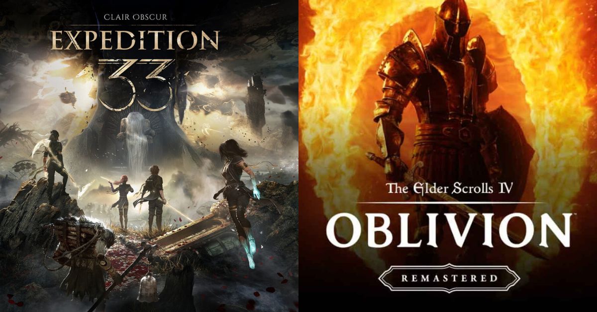 Promotional image mashup showing Clair Obscur Expedition 33 characters staring at an Oblivion Gate, parodying the Barbenheimer meme to highlight the simultaneous release of both RPGs.