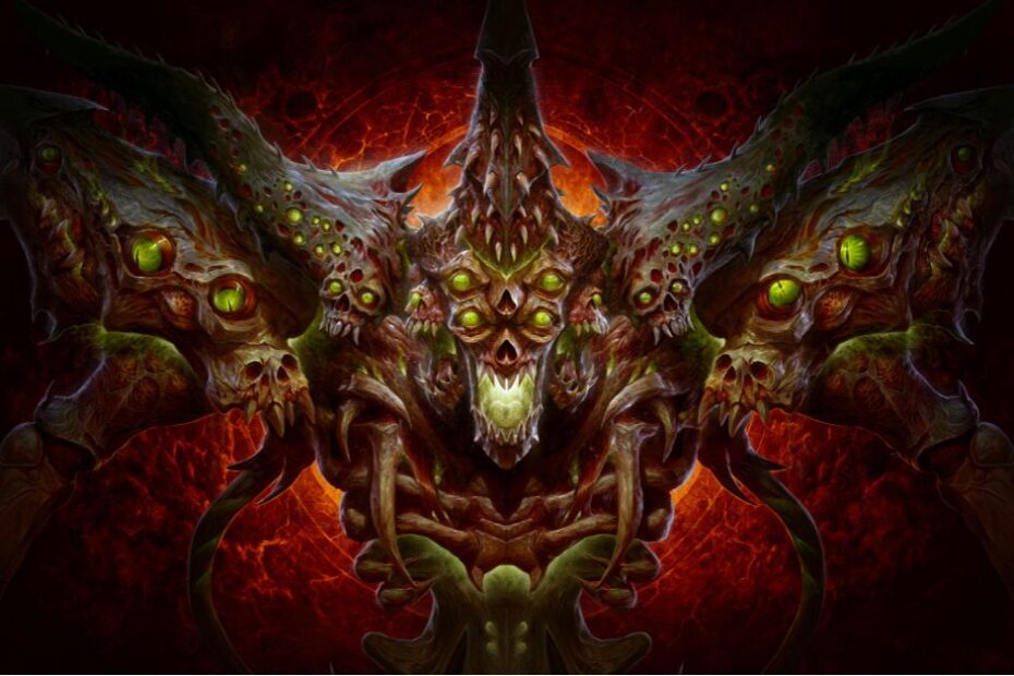Diablo 4 Season 8 Belial artwork featuring the Lord of Lies, with ominous dark tones and intricate details highlighting his deceptive nature.