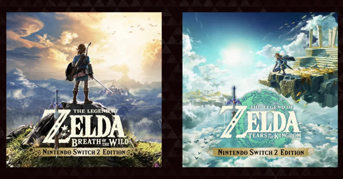 Promotional covers of The Legend of Zelda: Breath of the Wild and Tears of the Kingdom, Nintendo Switch 2 Editions, showing Link standing in epic fantasy landscapes under dramatic skies.