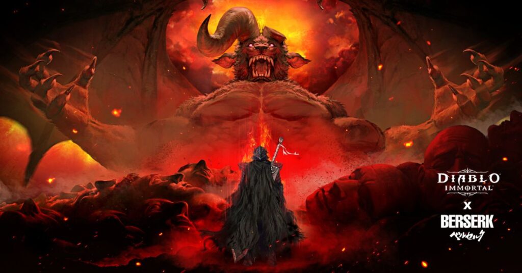 Epic key art from the Diablo Immortal Berserk Crossover event featuring intense dark fantasy visuals and iconic characters in battle-ready poses.