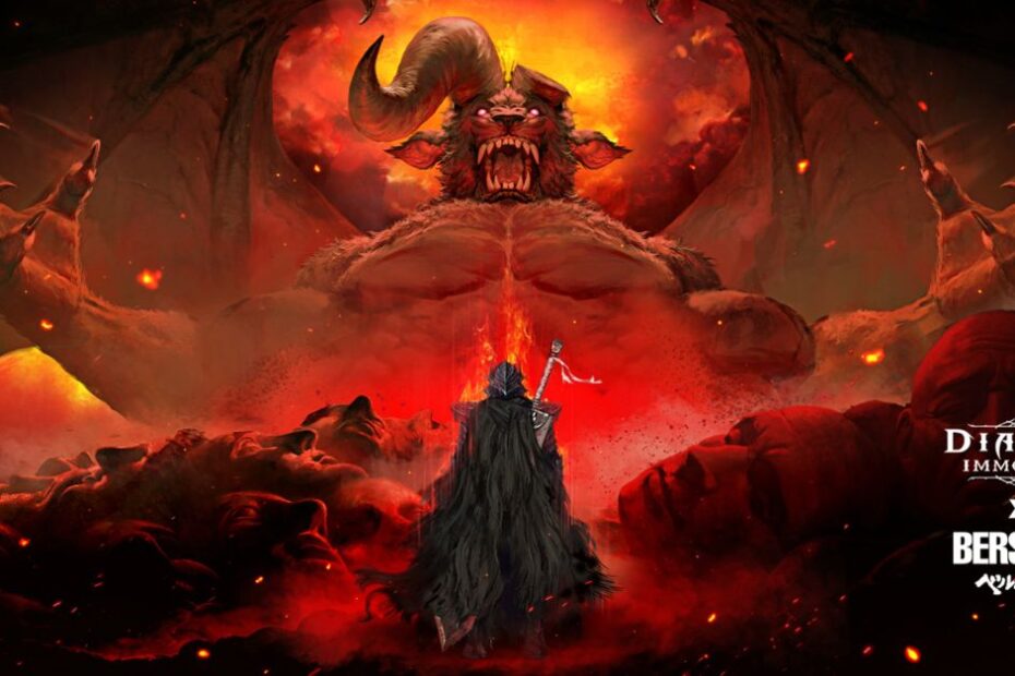Epic key art from the Diablo Immortal Berserk Crossover event featuring intense dark fantasy visuals and iconic characters in battle-ready poses.