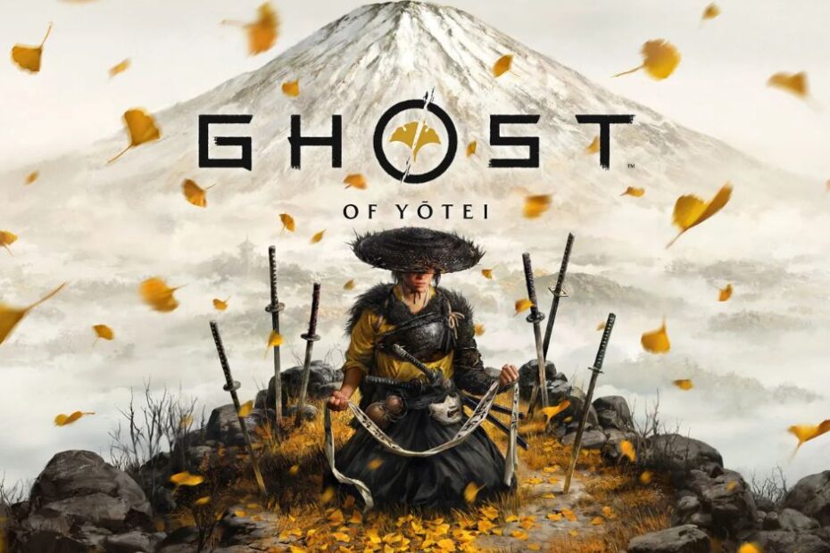 Ghost of Yotei cover art featuring Atsu standing before a burning ginkgo tree, holding a katana, with dramatic shadows and mythic Japanese landscape in the background – Ghost of Yotei release date October 2, 2025.