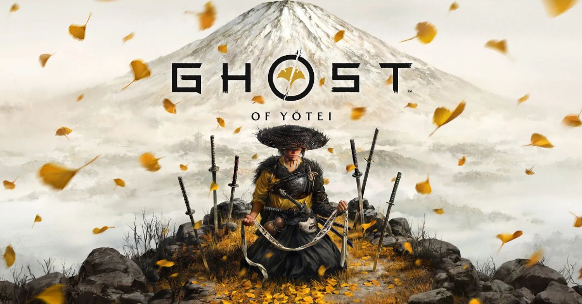 Ghost of Yotei cover art featuring Atsu standing before a burning ginkgo tree, holding a katana, with dramatic shadows and mythic Japanese landscape in the background – Ghost of Yotei release date October 2, 2025.