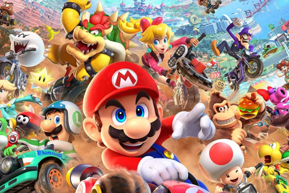 Promotional artwork for Mario Kart World featuring Mario, Luigi, Peach, Bowser, Donkey Kong, Yoshi, and other iconic characters racing across various terrains including cities, deserts, and oceans.