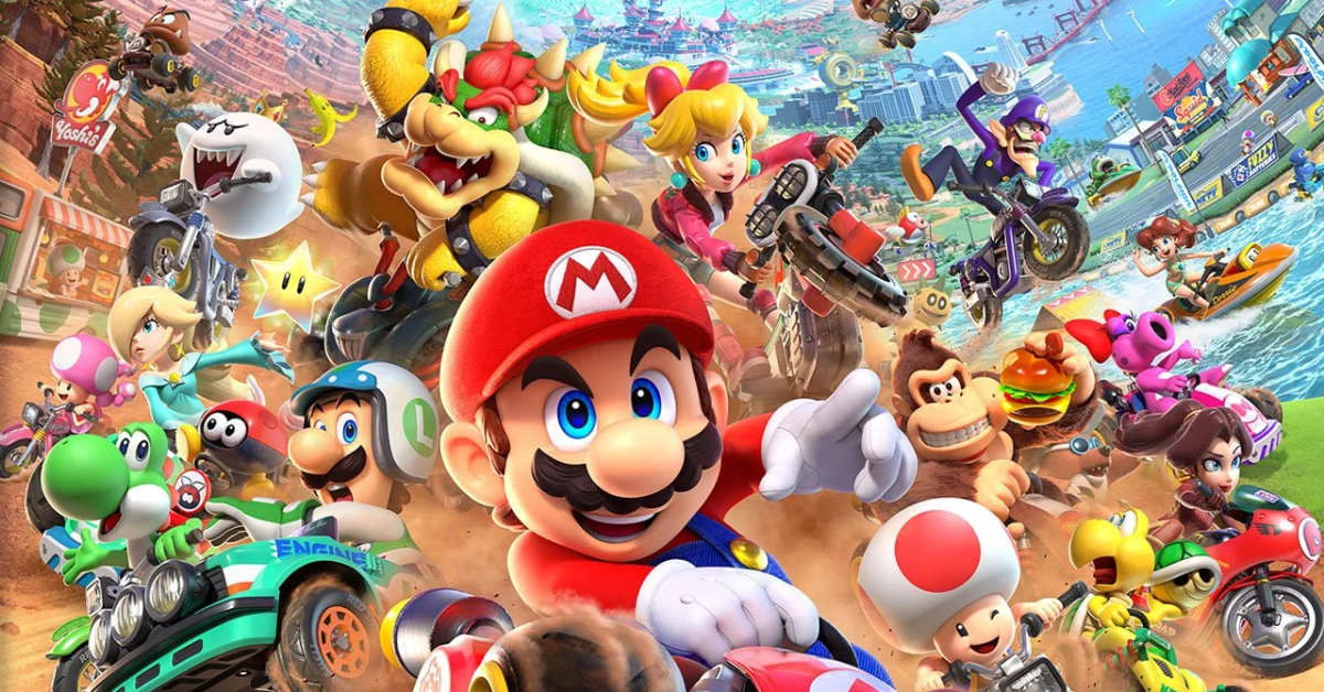 Promotional artwork for Mario Kart World featuring Mario, Luigi, Peach, Bowser, Donkey Kong, Yoshi, and other iconic characters racing across various terrains including cities, deserts, and oceans.