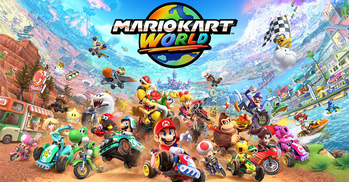 Colorful image of Mario racing in Mario Kart 8 Deluxe, showcasing vibrant tracks and dynamic gameplay elements and on the top there is the logo mario kart world