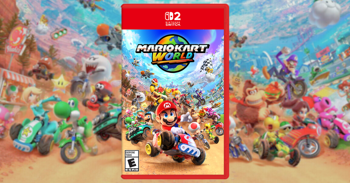Box art for Mario Kart World on the Nintendo Switch 2, featuring Mario front and center racing in his iconic kart with Toad beside him. A large cast of characters including Peach, Bowser, Donkey Kong, Yoshi, Rosalina, and Waluigi race behind them on a vibrant, world-spanning track. The colorful background showcases various biomes and settings, emphasizing the global racing theme.
