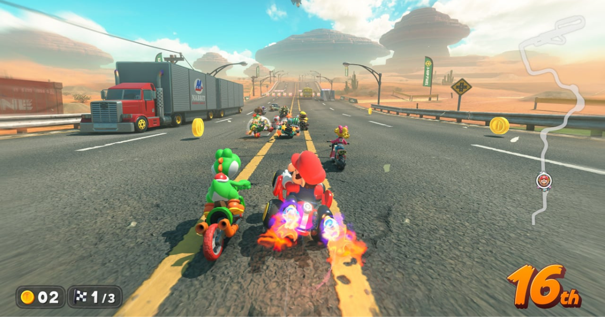 Mario and other racers, including Yoshi and Bowser Jr., race on a desert highway course in Mario Kart World, avoiding traffic and collecting coins.