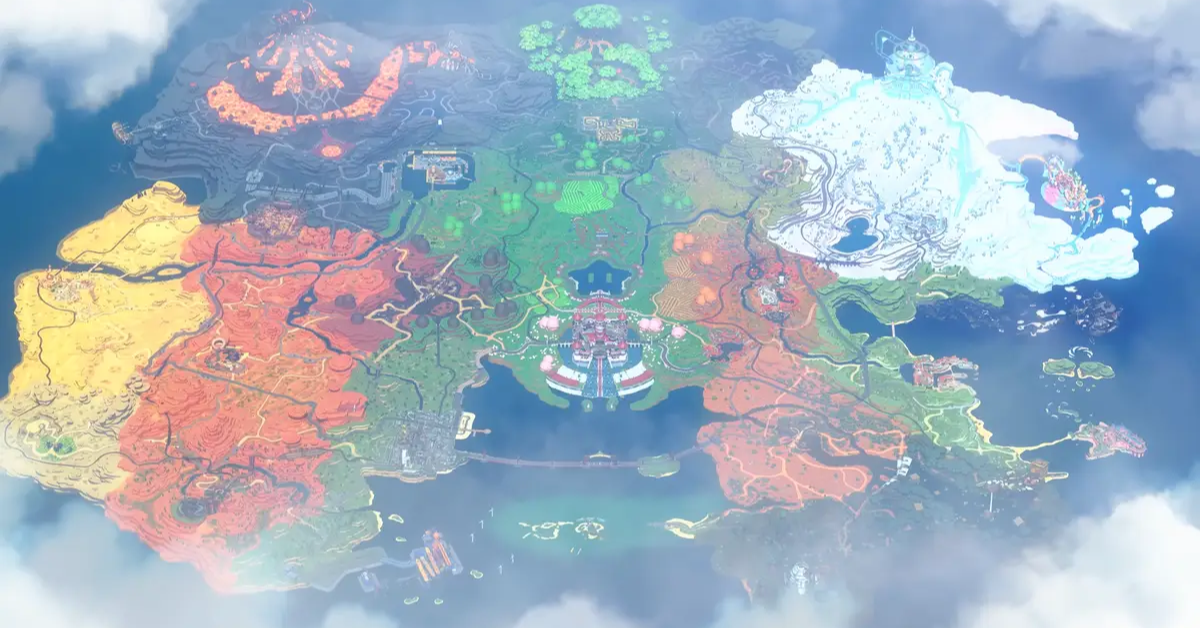 A colorful overhead map of Mario Kart World featuring diverse biomes like deserts, volcanoes, forests, icy mountains, and coastal regions.