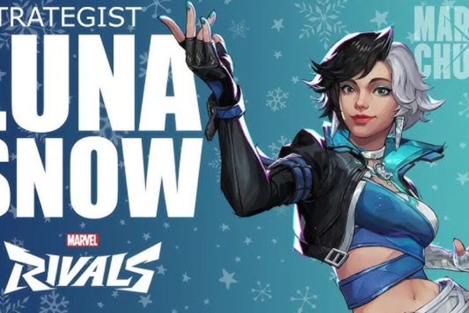 Luna Snow performing the Cyber Tunes emote in Marvel Rivals, wearing her futuristic Mirae 2099 skin in purple and pink hues