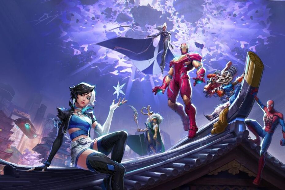 Red Hulk in Marvel Rivals concept art with Iron Man, Luna Snow, Spider-Man, Loki, Emma Frost, and Rocket Raccoon.