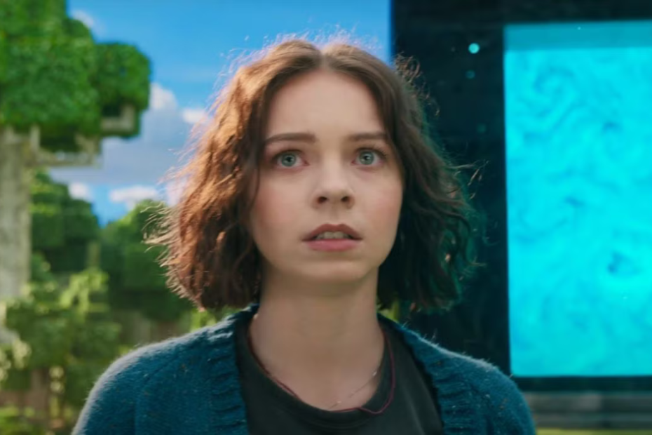 Emma Myers as a lead character in A Minecraft Movie, wearing a pixel-themed costume on set.