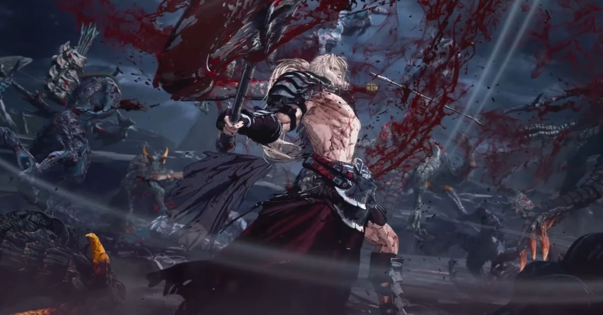 A muscular warrior, drenched in blood, raises a massive axe amidst a chaotic battlefield scattered with defeated foes.
