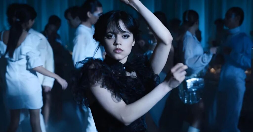 Wednesday Addams dancing at the Nevermore Academy Rave'N Dance – iconic scene from season 1 before the Wednesday Season 2 release date