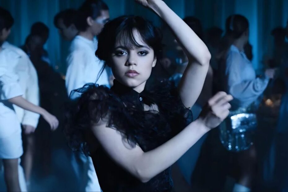 Wednesday Addams dancing at the Nevermore Academy Rave'N Dance – iconic scene from season 1 before the Wednesday Season 2 release date